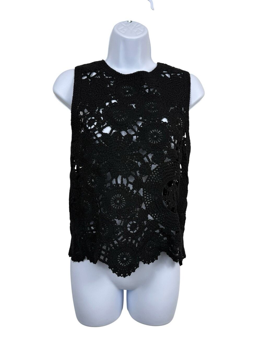 Sfera Collection Womens M Black Crochet Floral Top Sleeveless Boho Open Knit